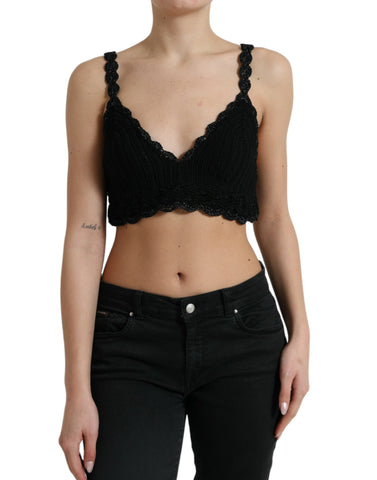 Black cotton bustier cropped crochet tank top by Dolce & Gabbana, showing detailed knit fabric and fitted design.