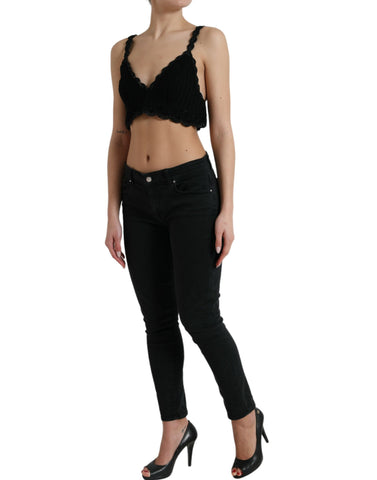 Black cotton bustier cropped crochet tank top by Dolce & Gabbana, shown with detailed crochet pattern and fitted design.