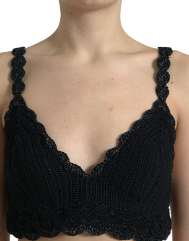 Black cotton bustier cropped crochet tank top by Dolce & Gabbana, featuring a fitted design and intricate crochet detailing.