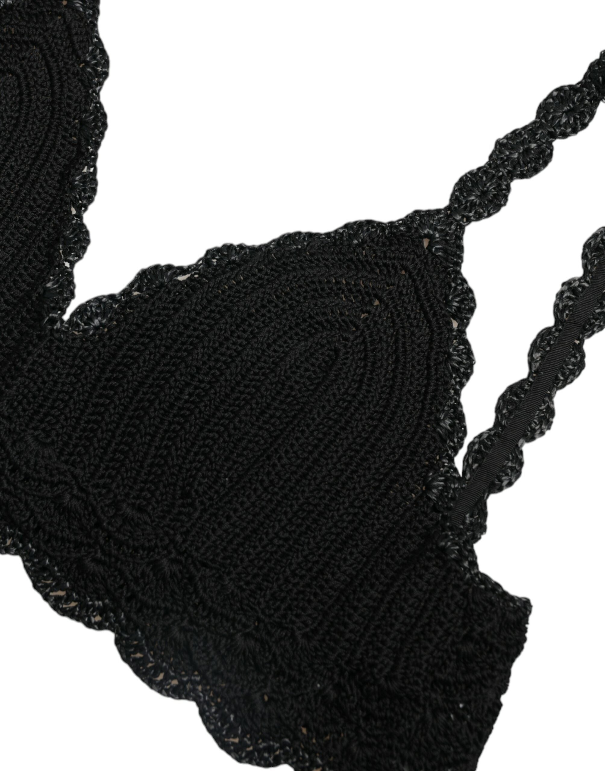 Black cotton bustier cropped crochet tank top by Dolce & Gabbana, featuring a fitted design with intricate crochet detailing.