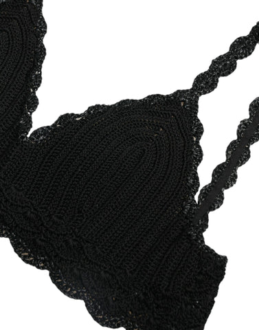 Black cotton bustier cropped crochet tank top by Dolce & Gabbana, featuring a fitted design with intricate crochet detailing.