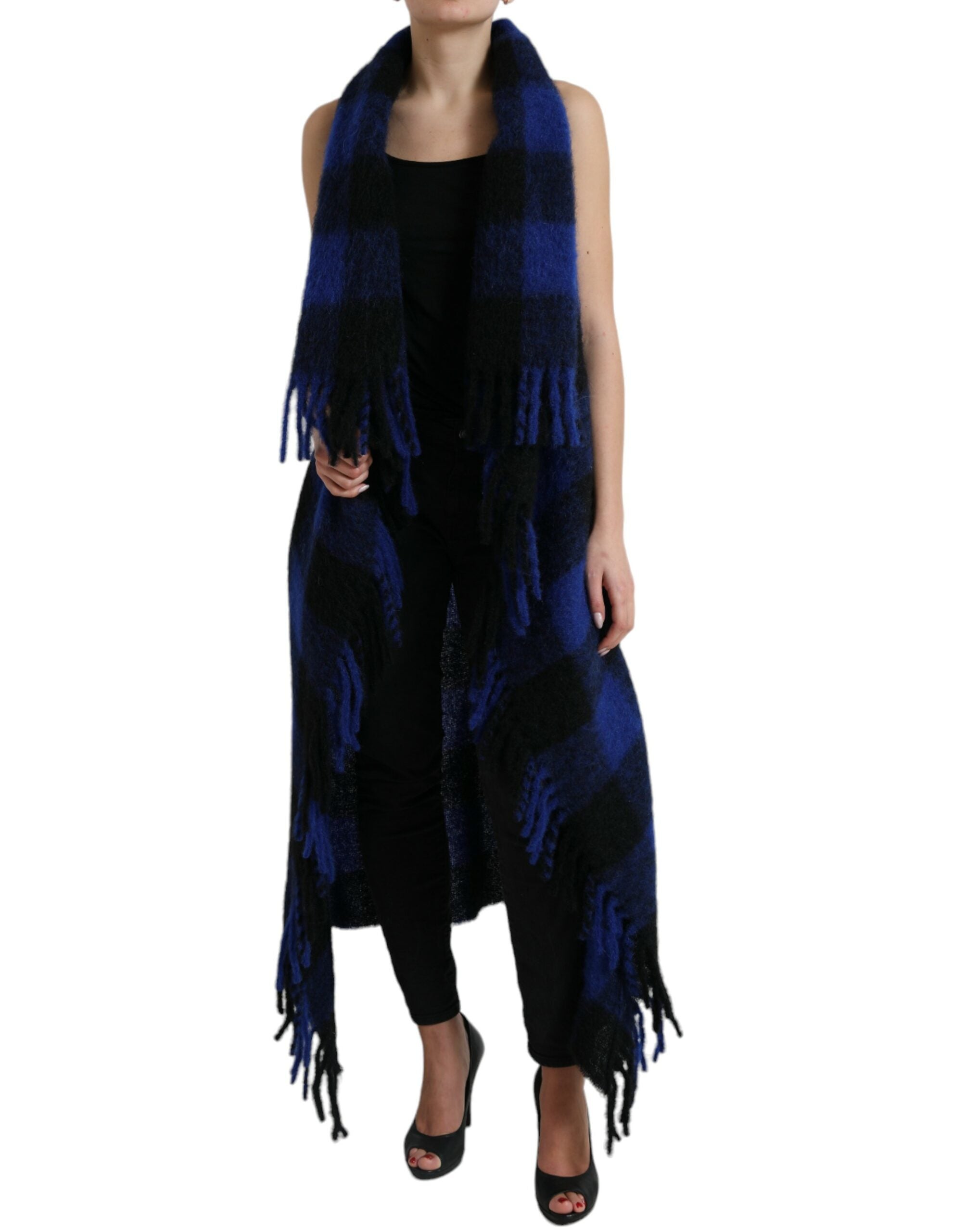 Black and blue buffalo check poncho coat sweater by Dolce & Gabbana, showcasing a stylish, cozy knit with a classic pattern.