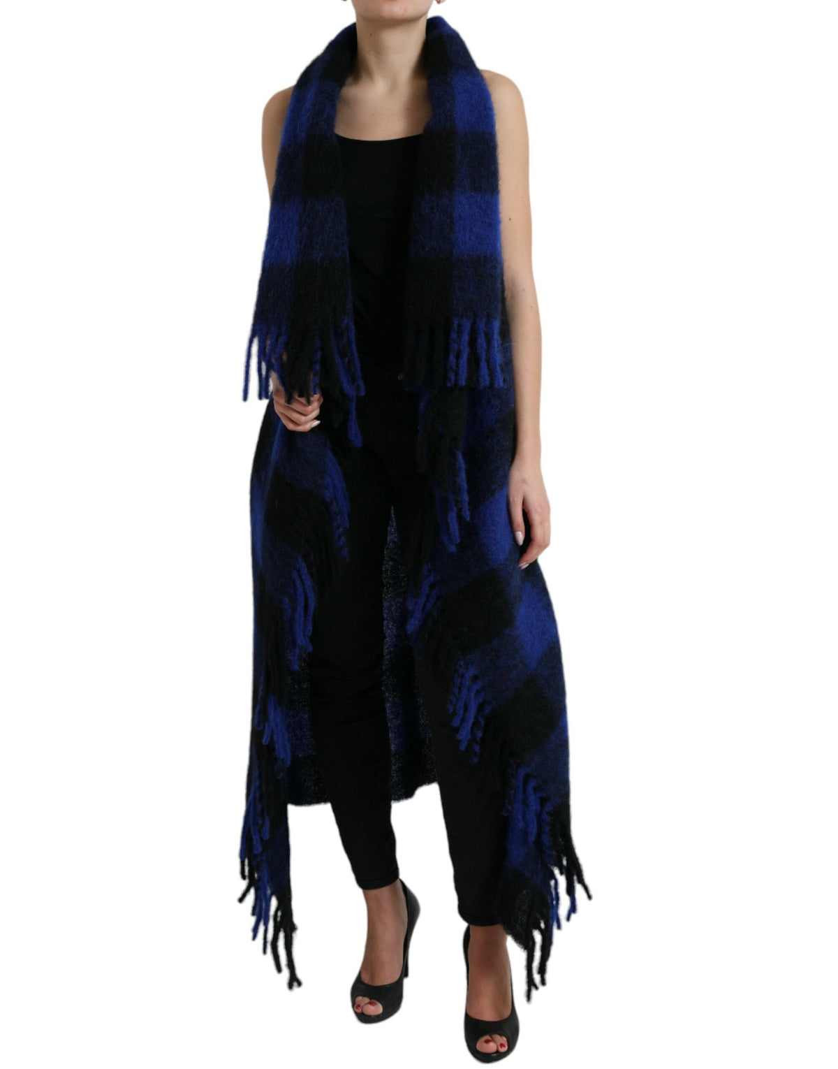 Black and blue buffalo check poncho coat sweater by Dolce & Gabbana, showcasing a stylish, cozy knit with a classic pattern.