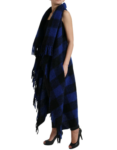 Black and blue buffalo check poncho coat sweater by Dolce & Gabbana, featuring a cozy, stylish layered design and classic pattern.