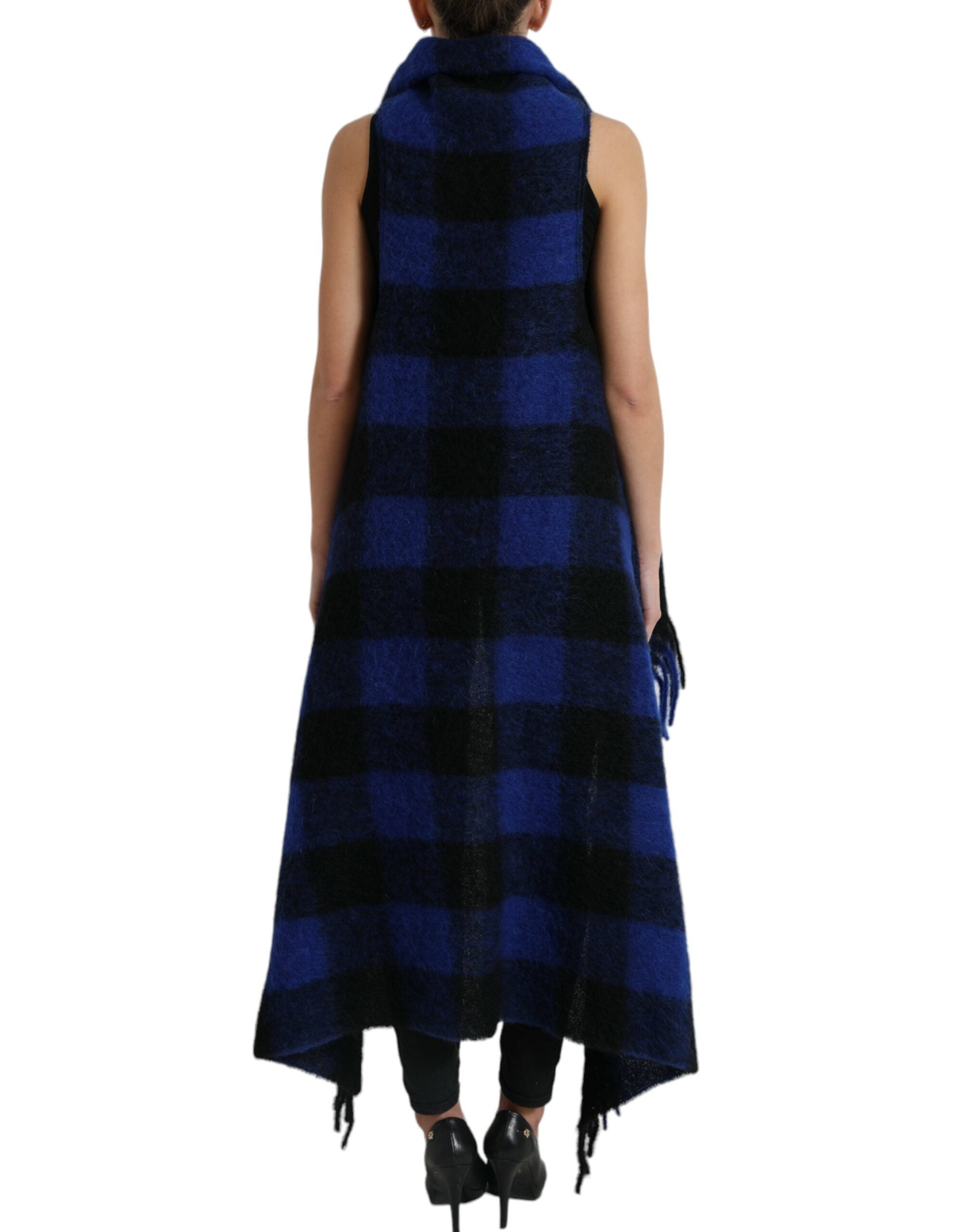 Black and blue buffalo check poncho coat sweater by Dolce & Gabbana, featuring a cozy, stylish plaid design with a relaxed fit.