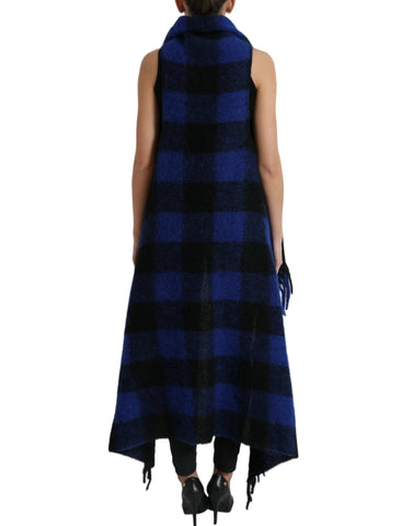 Black and blue buffalo check poncho coat sweater by Dolce & Gabbana, featuring a cozy, stylish plaid design with a relaxed fit.
