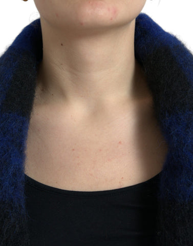 Black and blue buffalo check poncho coat sweater by Dolce & Gabbana, featuring a stylish plaid pattern and cozy fit.