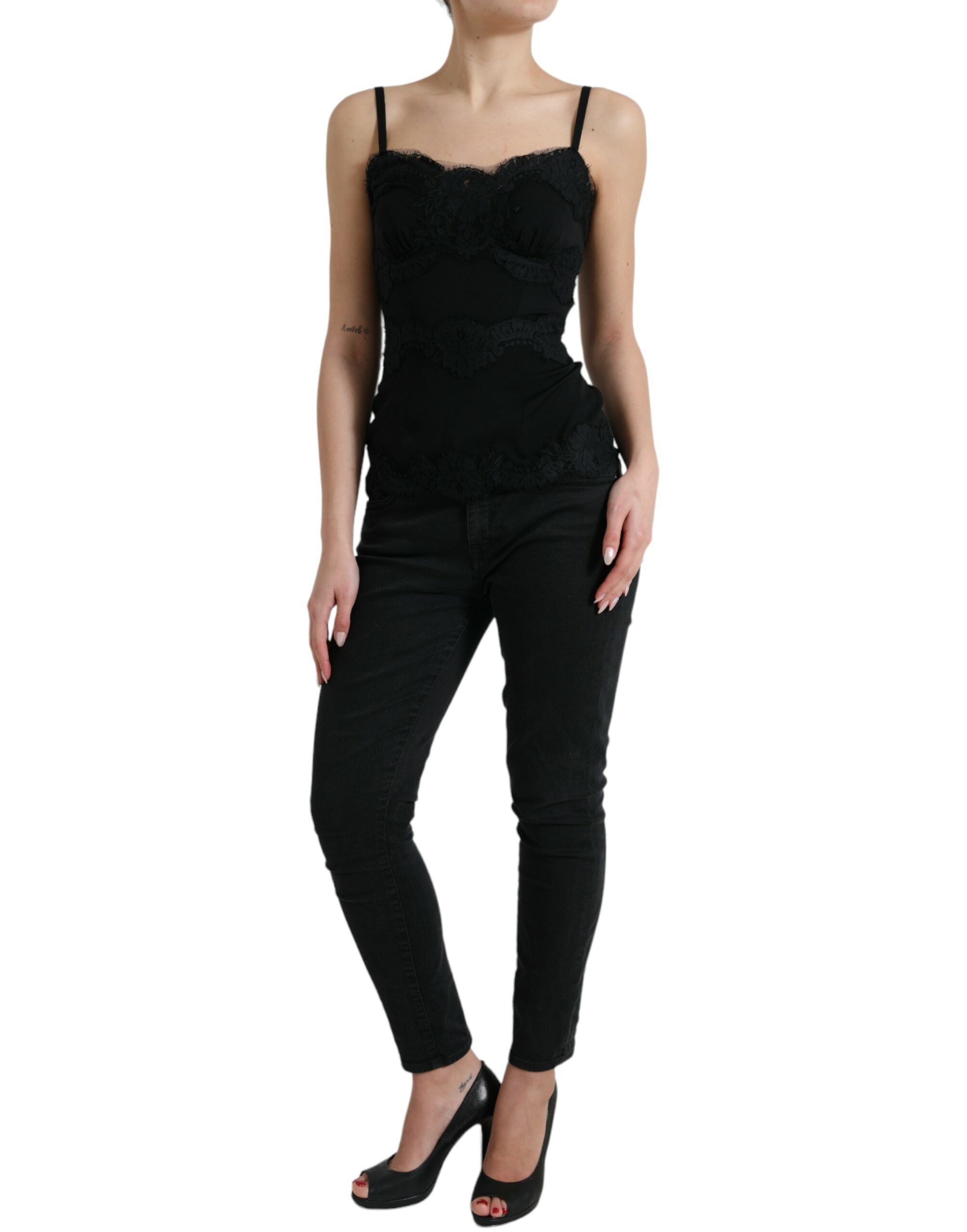 Black silk stretch lace sleeveless tank top by Dolce & Gabbana, shown with detailed lace and smooth silk fabric.