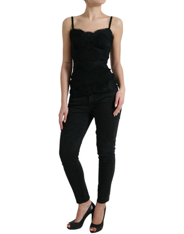 Black silk stretch lace sleeveless tank top by Dolce & Gabbana, shown with detailed lace and smooth silk fabric.