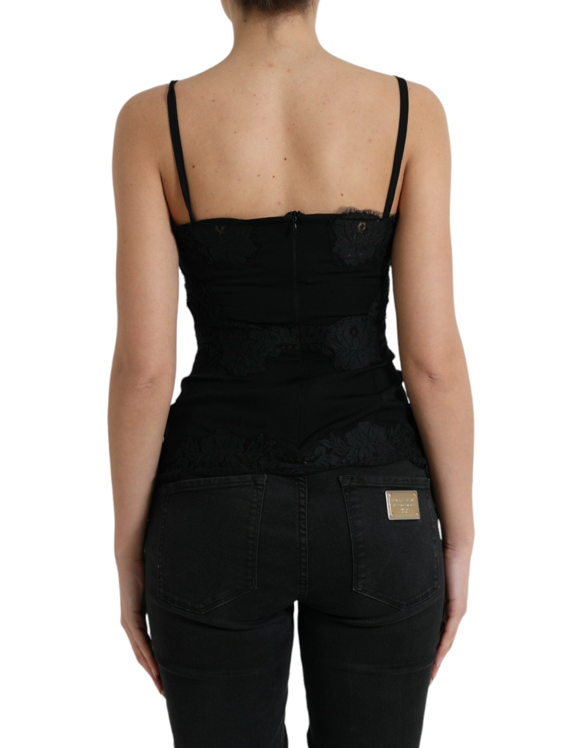Black silk stretch lace sleeveless tank top by Dolce & Gabbana, showing close-up of smooth fabric and delicate lace details.
