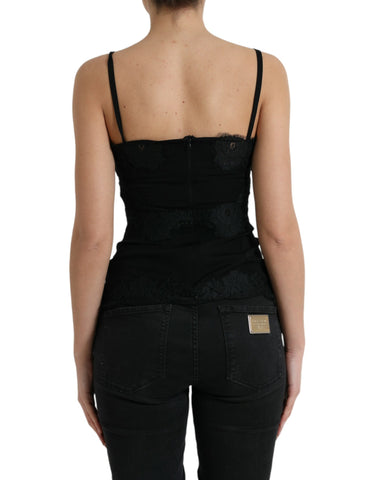 Black silk stretch lace sleeveless tank top by Dolce & Gabbana, showing close-up of smooth fabric and delicate lace details.
