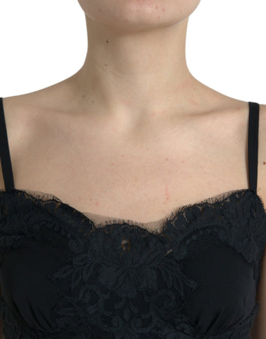 Black silk stretch lace sleeveless tank top by Dolce & Gabbana, featuring elegant lace details and smooth silk fabric.