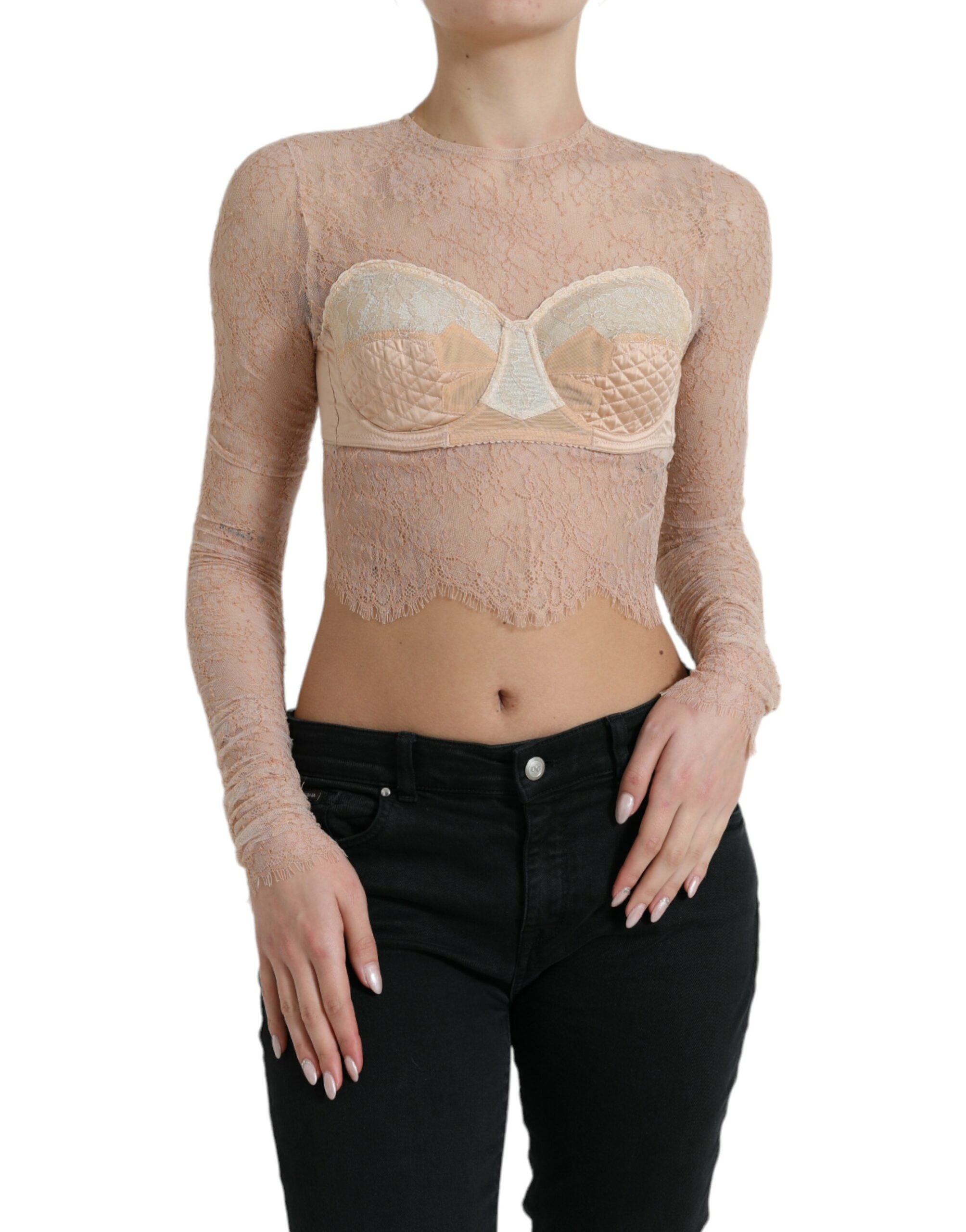 Beige nylon floral lace bustier cropped top by Dolce & Gabbana, featuring delicate lace details and a fitted design.