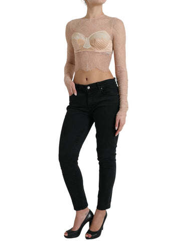 Beige nylon floral lace bustier cropped top by Dolce & Gabbana, featuring intricate lace details and fitted design.