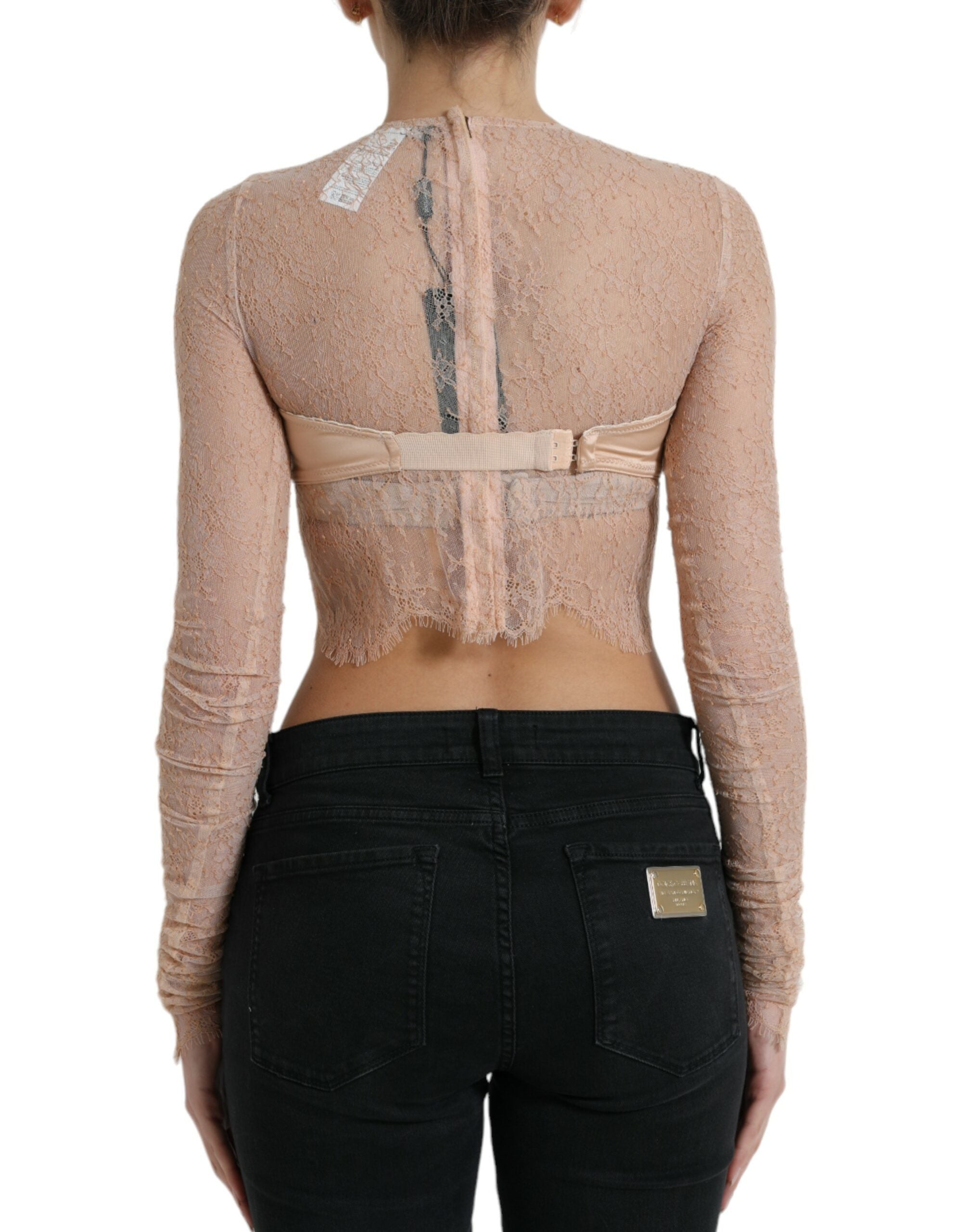 Beige nylon floral lace bustier cropped top by Dolce & Gabbana featuring delicate lace details and a fitted silhouette.