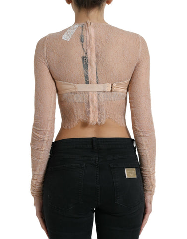 Beige nylon floral lace bustier cropped top by Dolce & Gabbana featuring delicate lace details and a fitted silhouette.