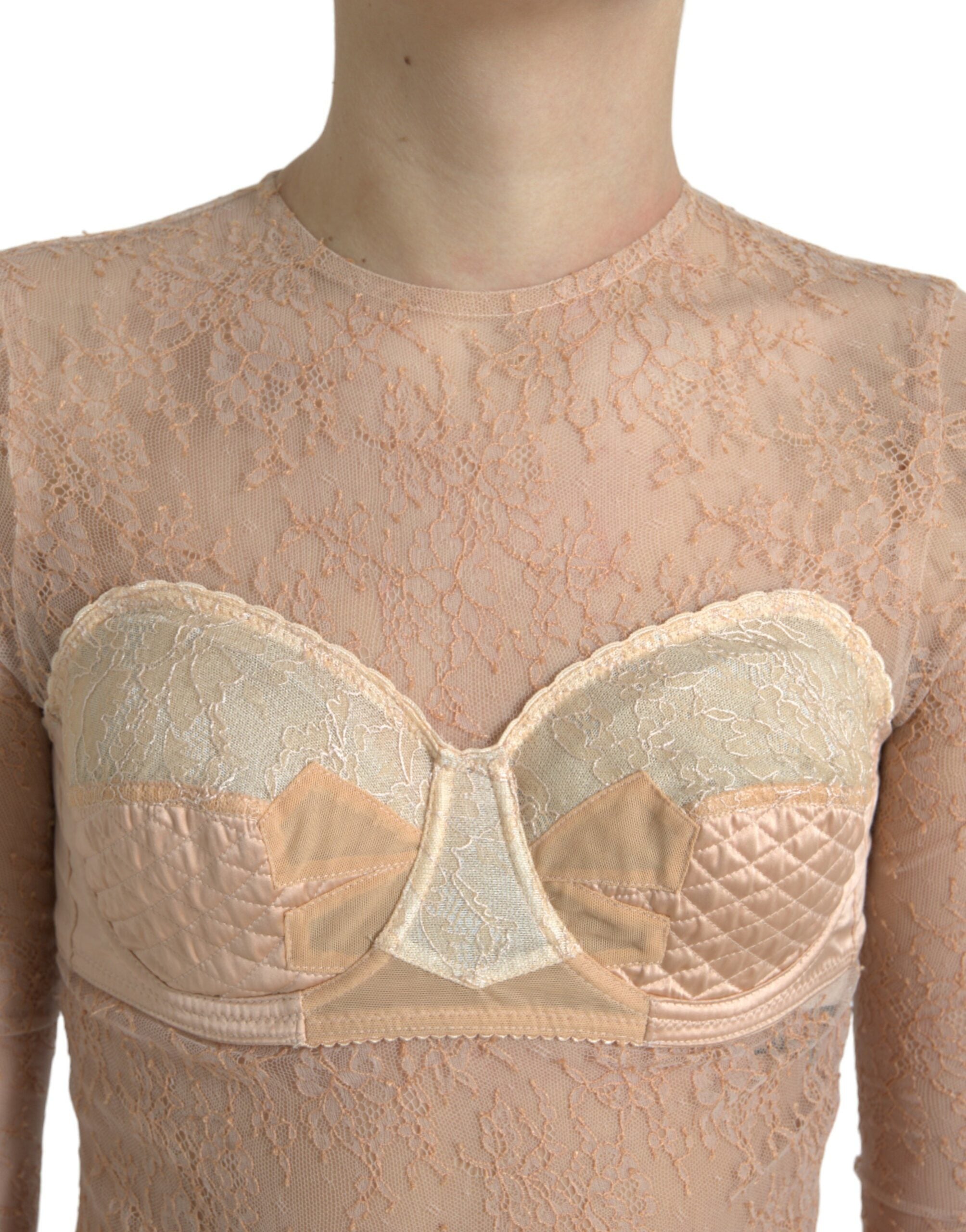 Beige nylon floral lace bustier cropped top by Dolce & Gabbana, featuring delicate lace details and a fitted silhouette.