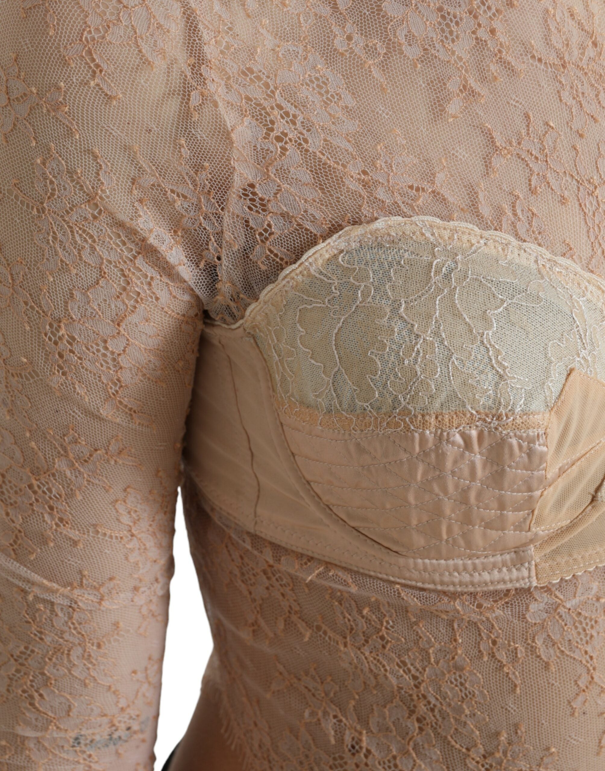 Beige nylon floral lace bustier cropped top by Dolce & Gabbana with delicate lace details and structured fit.