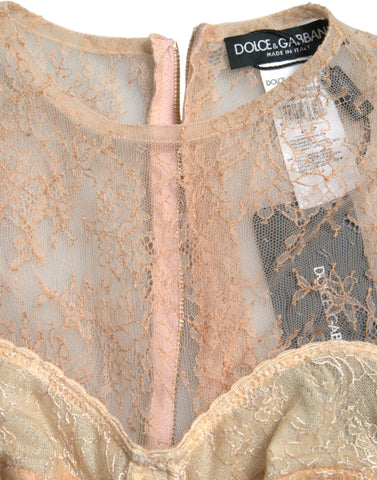 Beige nylon floral lace bustier cropped top by Dolce & Gabbana, featuring delicate lace details and a fitted design.