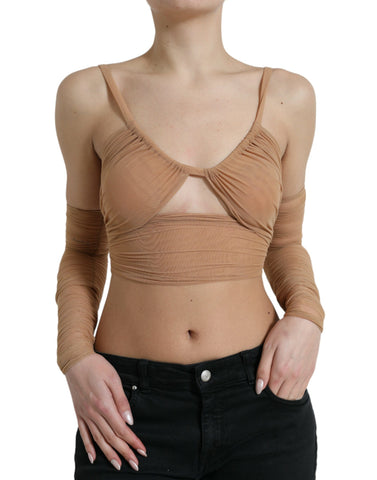 Brown nylon stretch open shoulder cropped top by Dolce & Gabbana, featuring a fitted design and stylish shoulder cutouts.