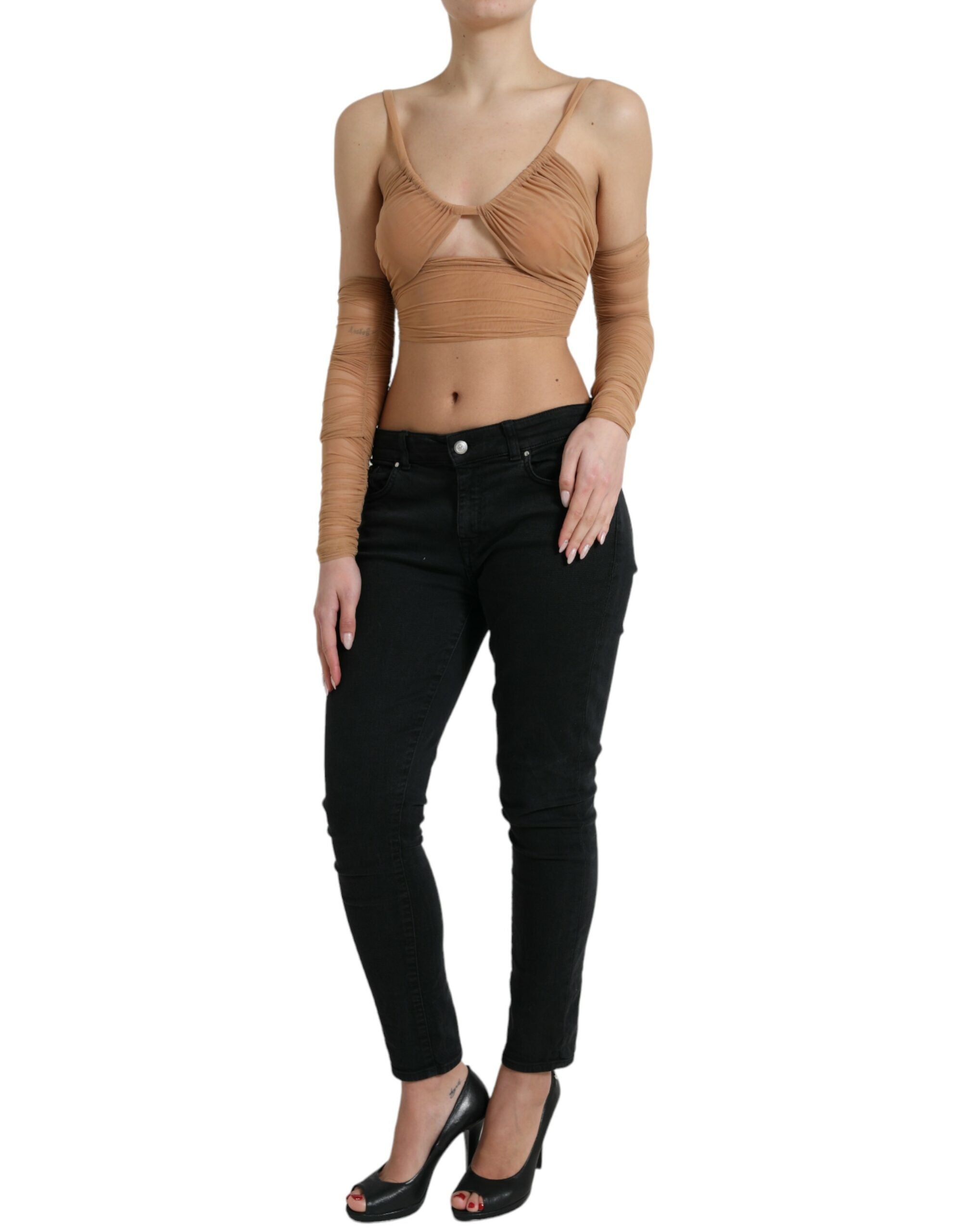Brown nylon stretch open shoulder cropped top by Dolce & Gabbana, featuring a fitted design and open shoulder detail.