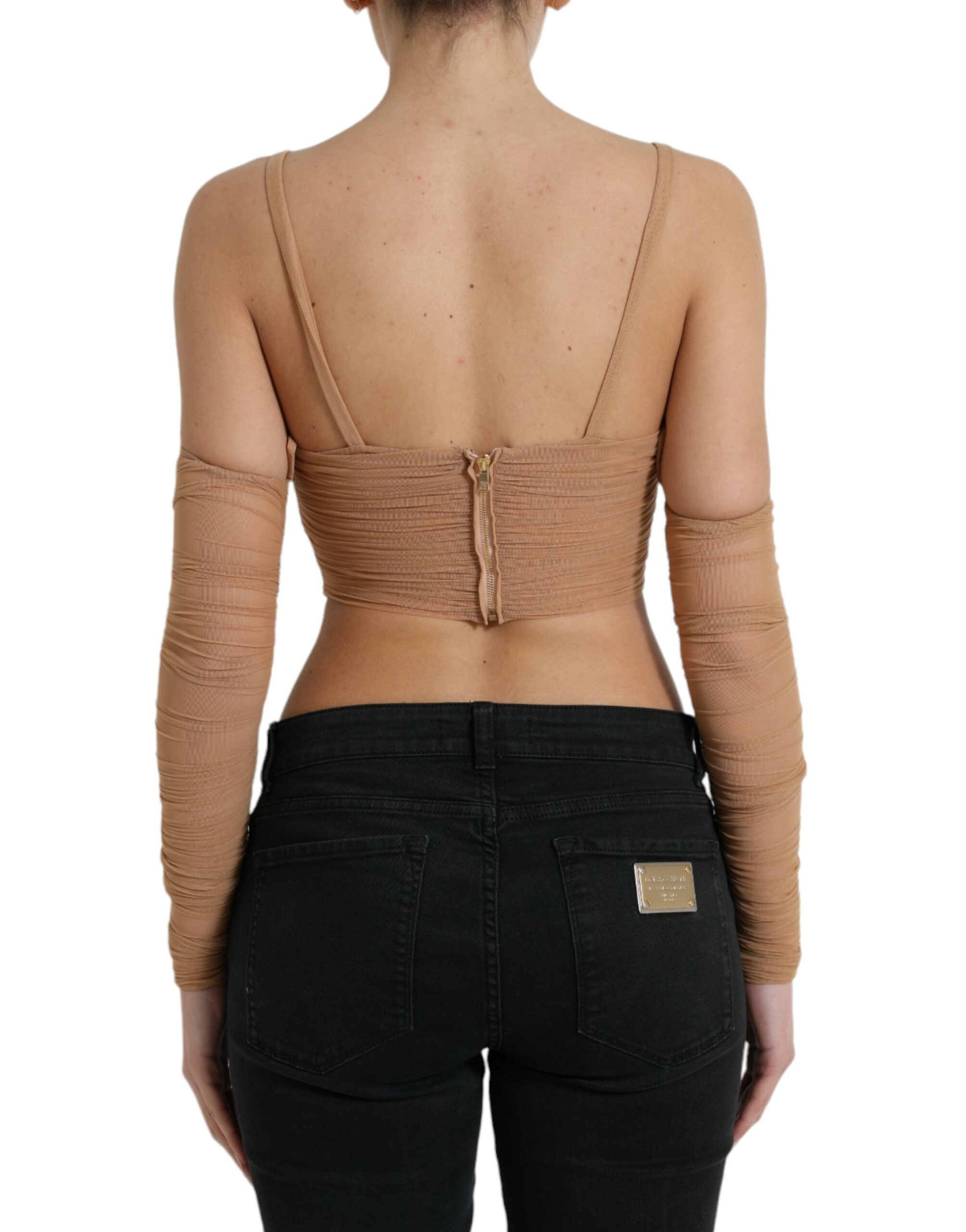 Brown nylon stretch open shoulder cropped top by Dolce & Gabbana, featuring a fitted design and stylish shoulder cutouts.