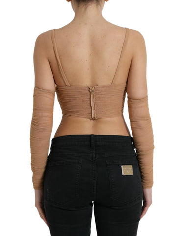 Brown nylon stretch open shoulder cropped top by Dolce & Gabbana, featuring a fitted design and stylish shoulder cutouts.