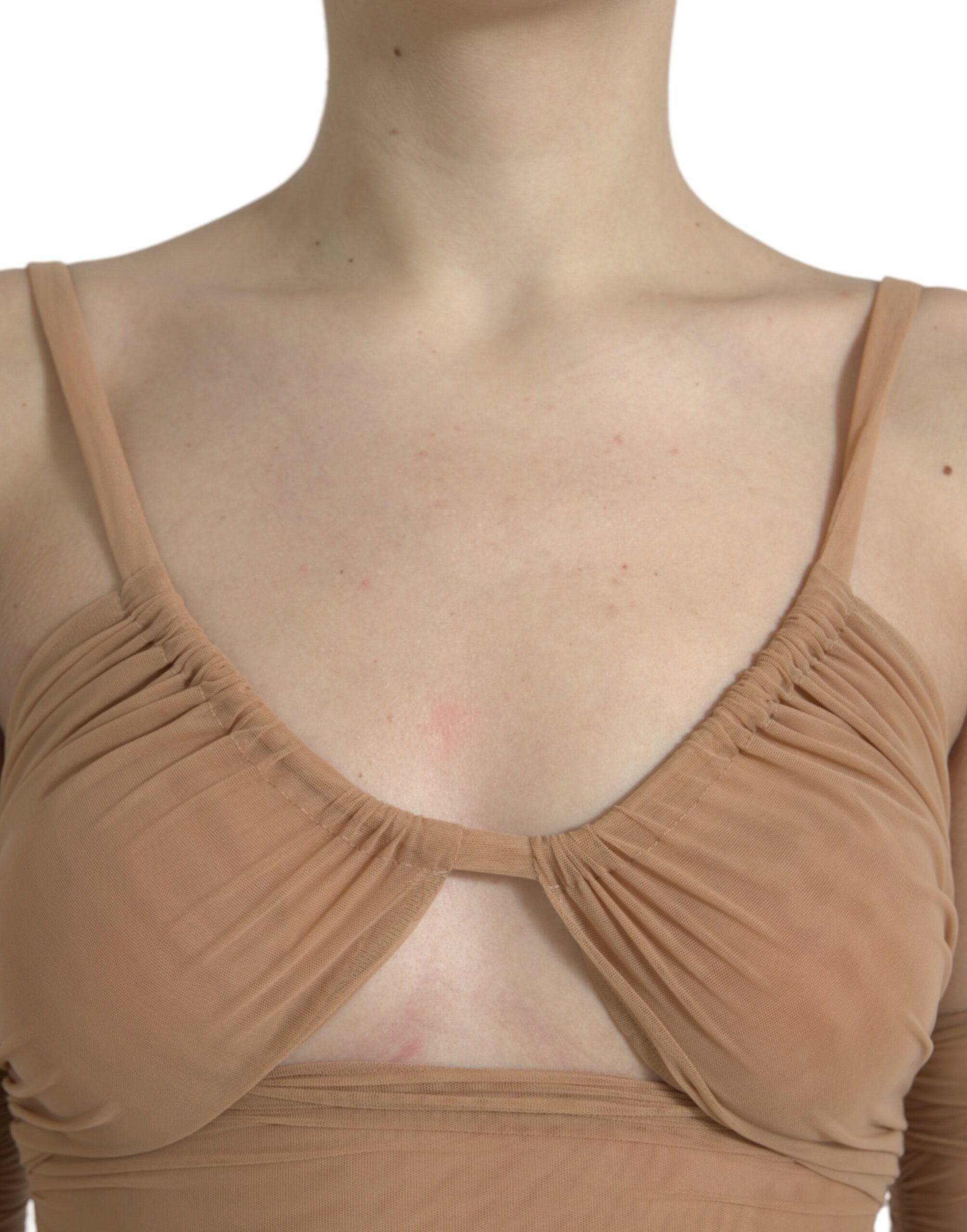 Dolce & Gabbana brown nylon stretch open shoulder cropped top featuring a fitted design and stylish cutout shoulders.