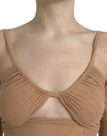 Dolce & Gabbana brown nylon stretch open shoulder cropped top featuring a fitted design and stylish cutout shoulders.