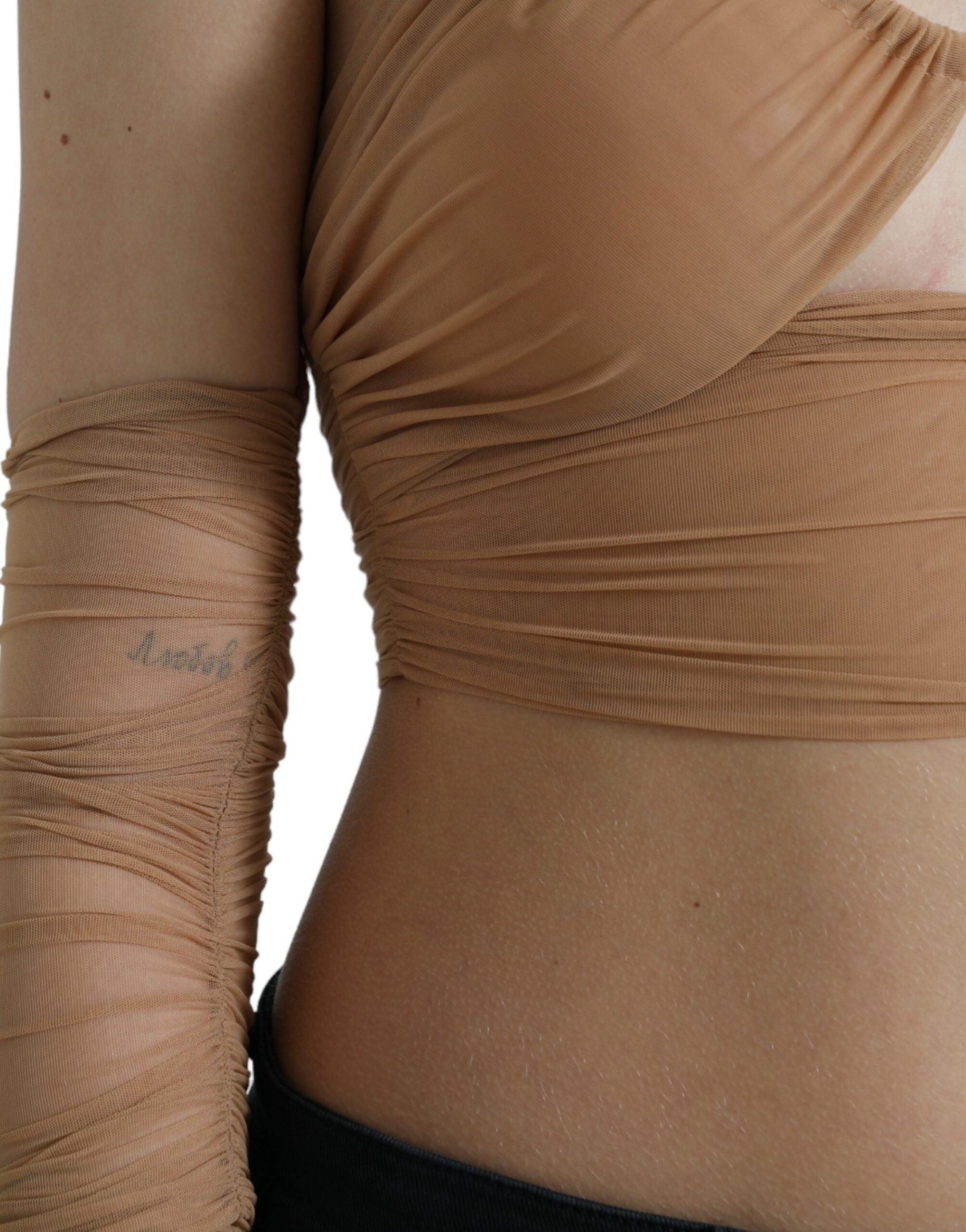 Brown nylon stretch open-shoulder cropped top by Dolce & Gabbana, featuring a fitted silhouette and stylish design.