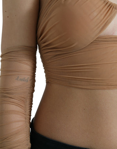 Brown nylon stretch open-shoulder cropped top by Dolce & Gabbana, featuring a fitted silhouette and stylish design.