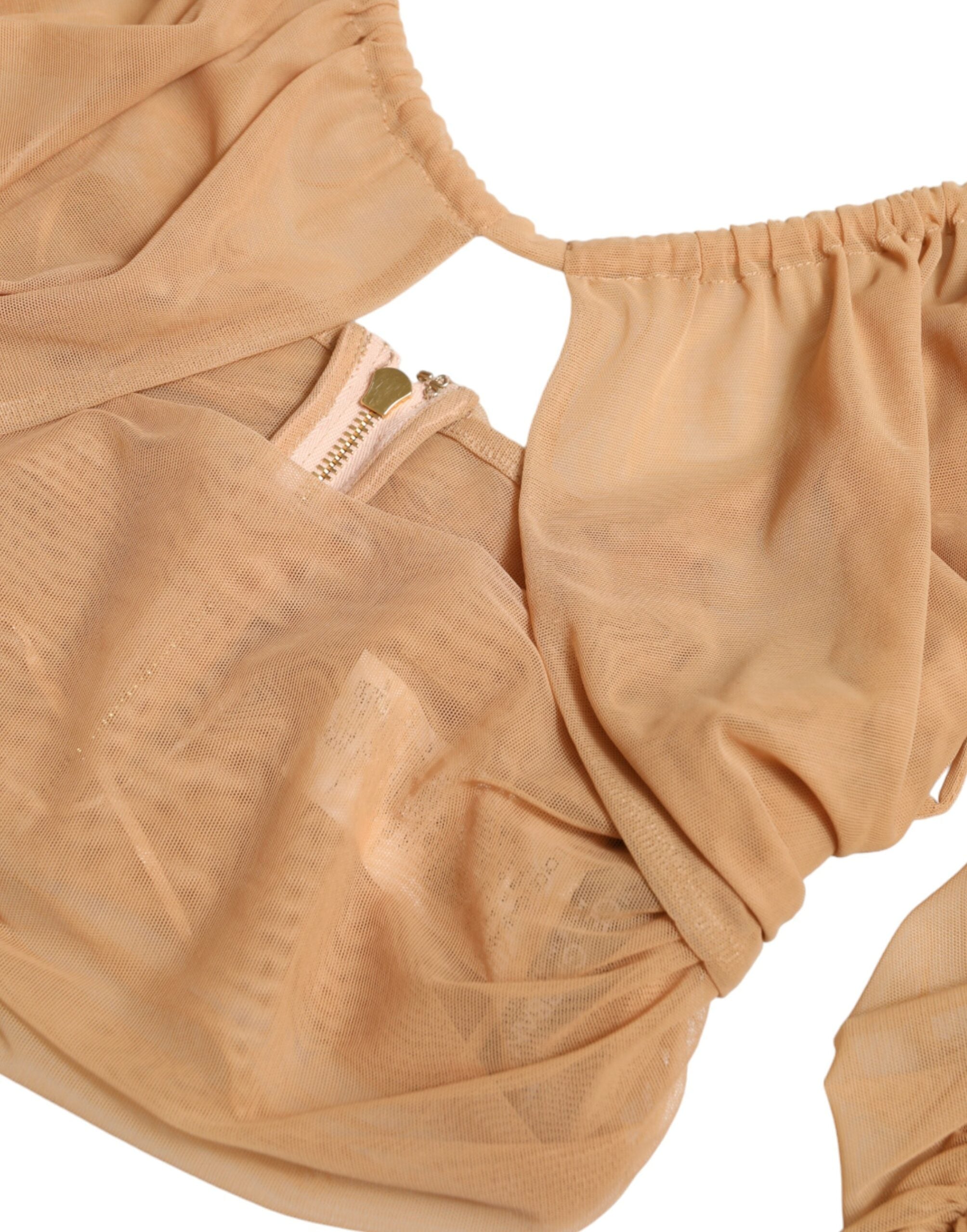 Brown nylon stretch open shoulder cropped top by Dolce & Gabbana, featuring a fitted design and stylish shoulder cut-outs.