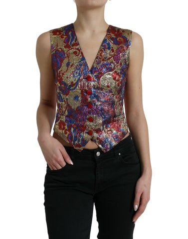 Multicolor jacquard button waistcoat vest top by Dolce & Gabbana, featuring intricate pattern and tailored fit.