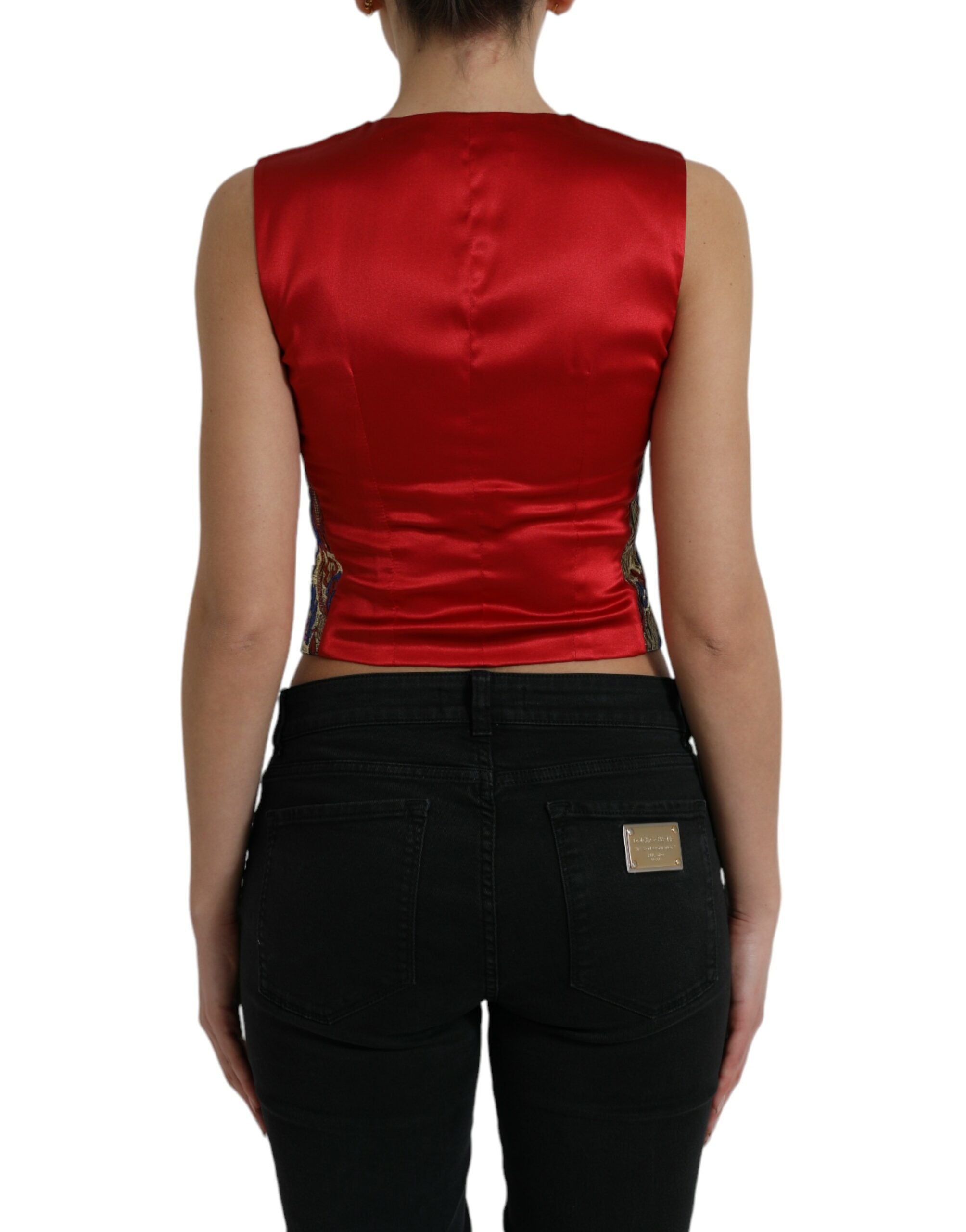 Multicolor Jacquard button waistcoat vest top by Dolce & Gabbana, featuring intricate woven pattern and front button closure.