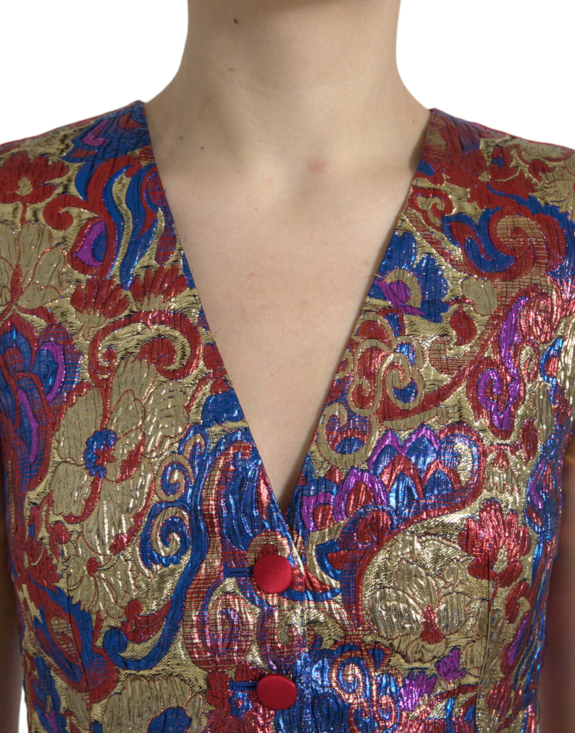 Multicolor jacquard button waistcoat vest top by Dolce & Gabbana, featuring intricate woven patterns and a fitted silhouette.