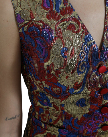 Multicolor jacquard button waistcoat vest top by Dolce & Gabbana, featuring intricate woven patterns and a tailored fit.