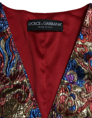 Multicolor Jacquard button waistcoat vest top by Dolce & Gabbana, featuring intricate woven patterns and a classic button front.