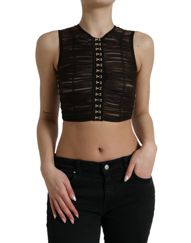 Brown embellished nylon stretch cropped top by Dolce & Gabbana with decorative details and a fitted, stylish design.