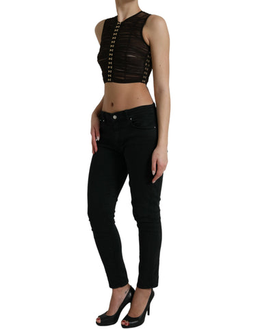 Brown embellished nylon stretch cropped top by Dolce & Gabbana with decorative details and a fitted, cropped design.
