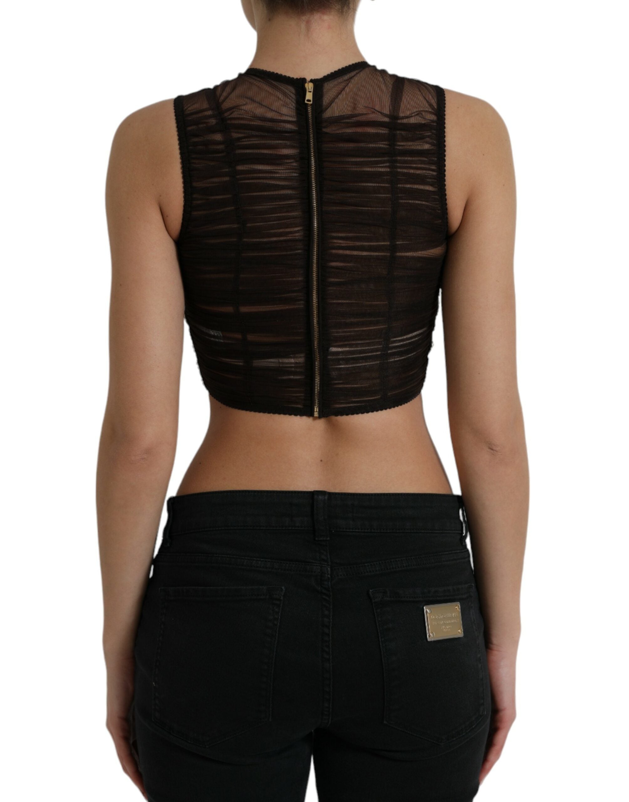 Brown embellished nylon stretch cropped top by Dolce & Gabbana with decorative details and a fitted, stylish design.