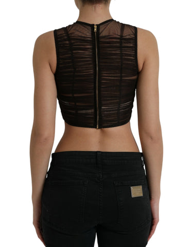 Brown embellished nylon stretch cropped top by Dolce & Gabbana with decorative details and a fitted, stylish design.