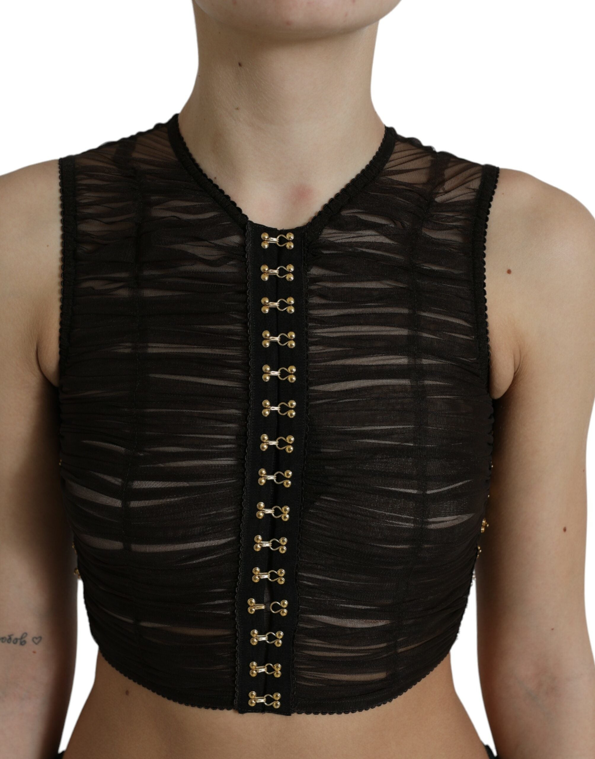 Brown embellished nylon stretch cropped top by Dolce & Gabbana with decorative details and a fitted, stylish design.