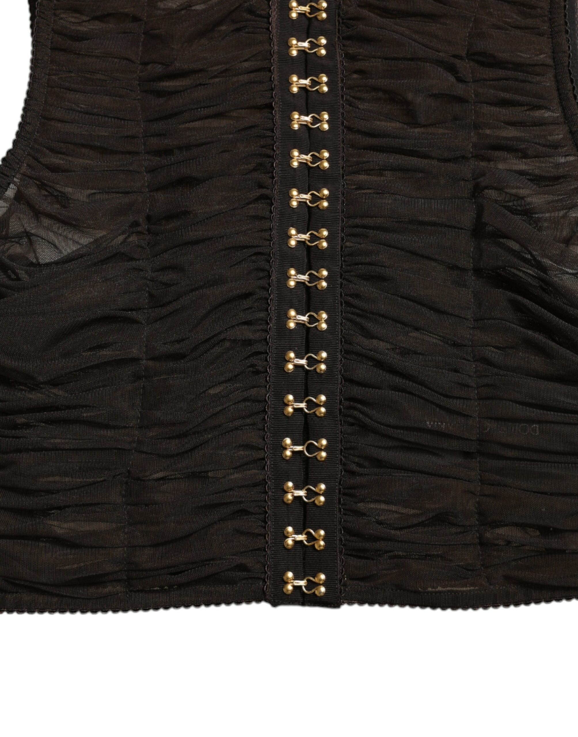 Brown embellished nylon stretch cropped top by Dolce & Gabbana with decorative details and a fitted, stylish design.