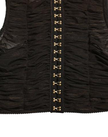 Brown embellished nylon stretch cropped top by Dolce & Gabbana with decorative details and a fitted, stylish design.
