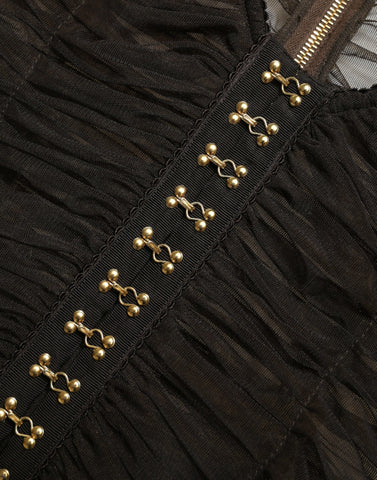 Brown embellished nylon stretch cropped top by Dolce & Gabbana with decorative details and a fitted, stylish design.