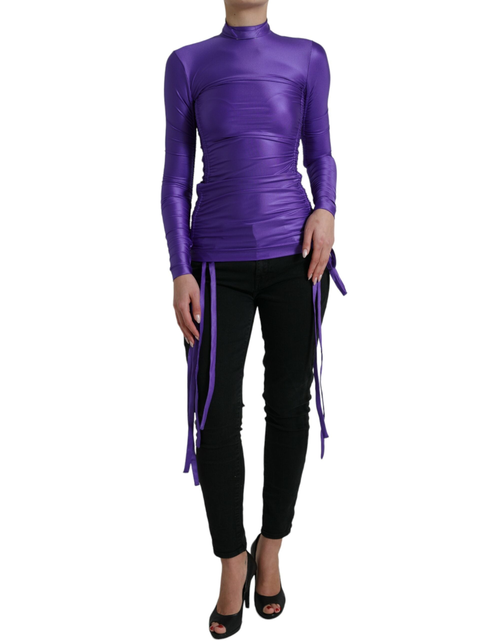 Purple nylon stretch long sleeve top by Dolce & Gabbana, slim fit with a sleek, fitted design and long sleeves.