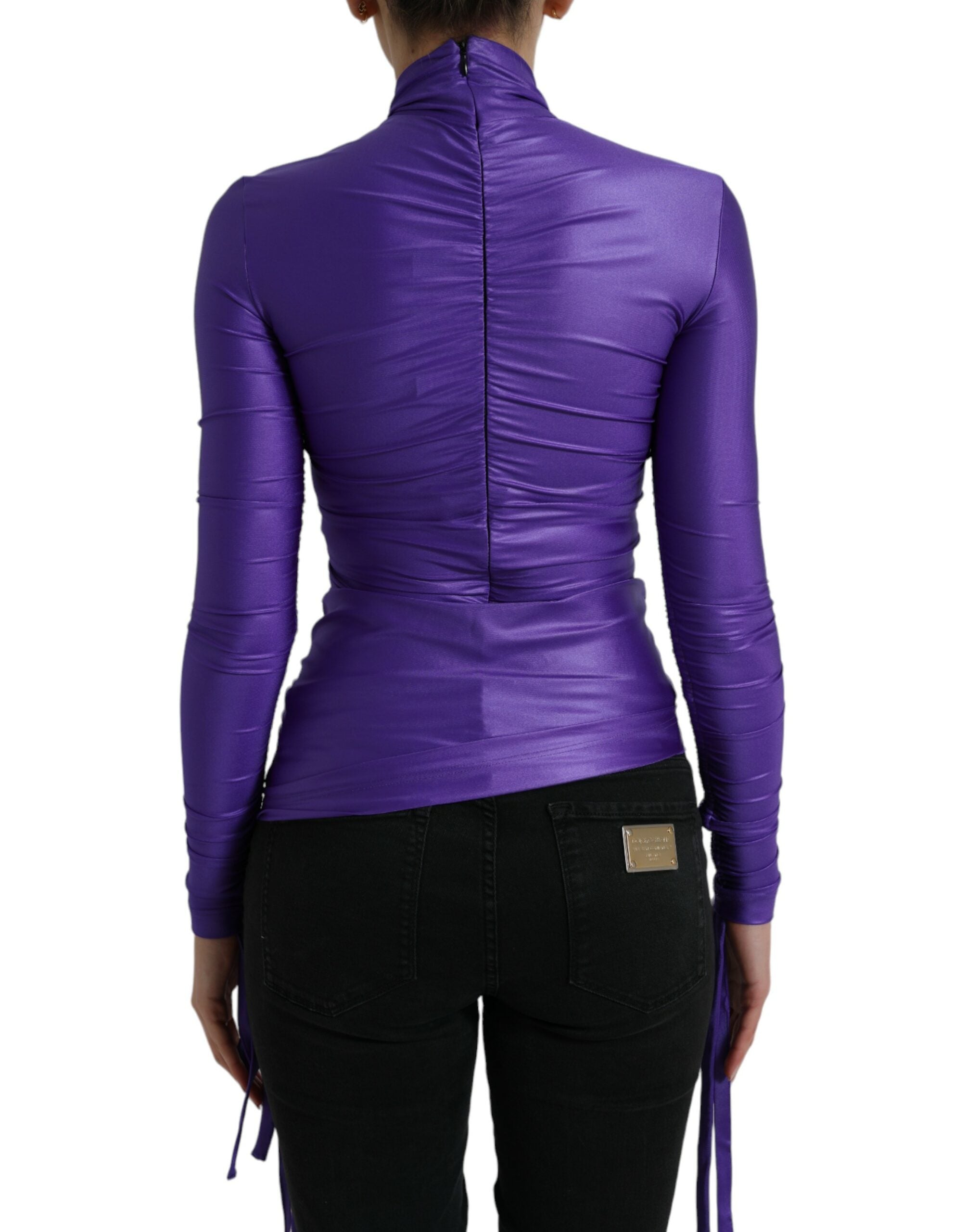 Purple nylon stretch slim long sleeve top by Dolce & Gabbana, shown with fitted design and long sleeves.