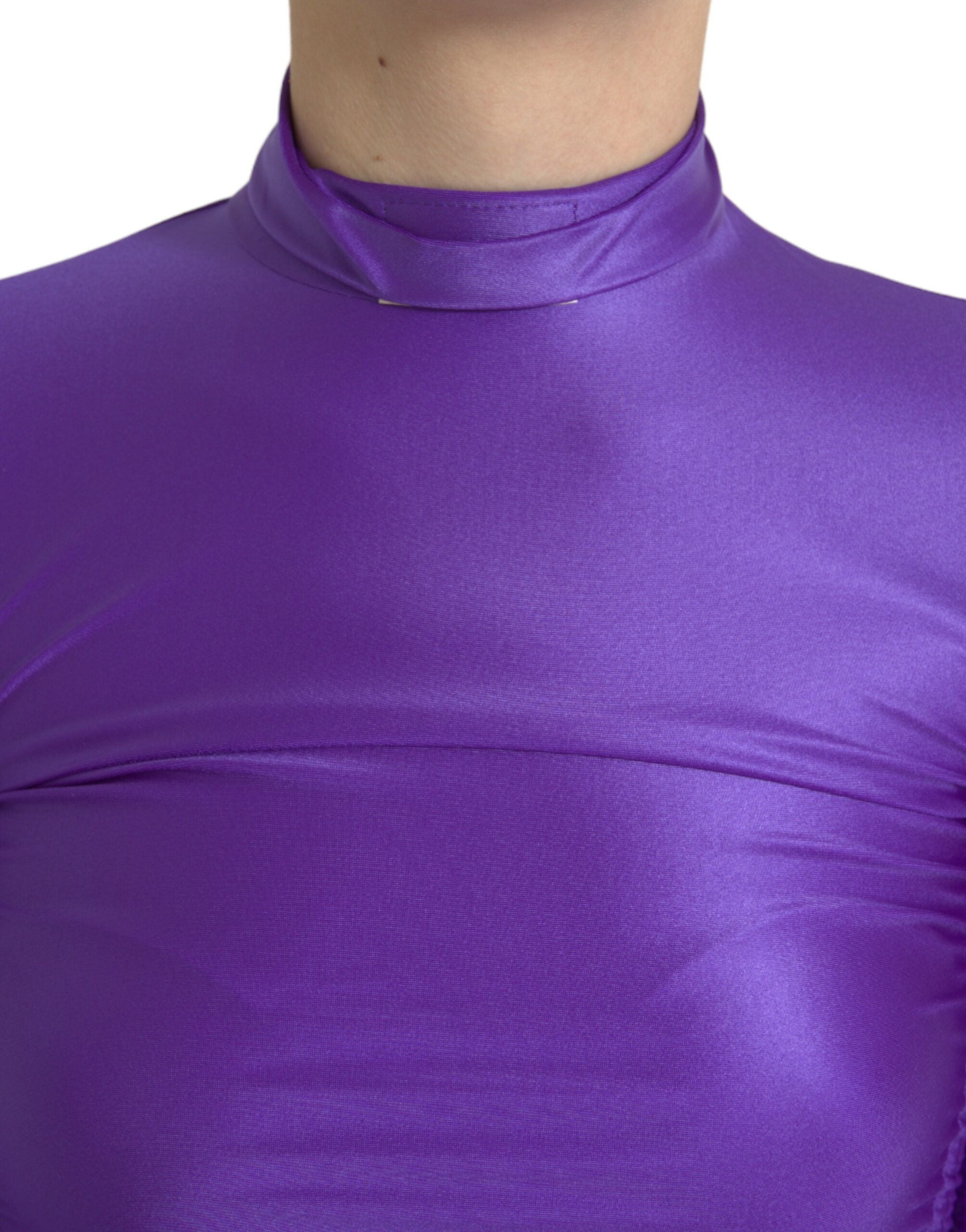 Purple nylon stretch long sleeve top by Dolce & Gabbana, slim fit with a sleek, smooth fabric appearance.