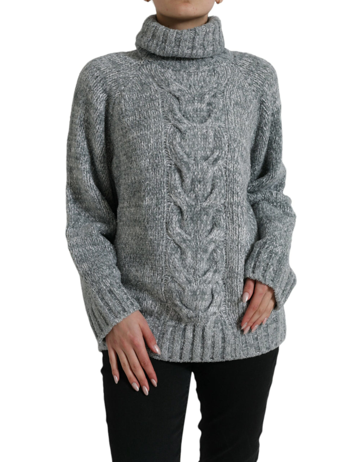 Gray cashmere turtle neck pullover sweater by Dolce & Gabbana, soft knit fabric, close-up of the cozy, stylish sweater.