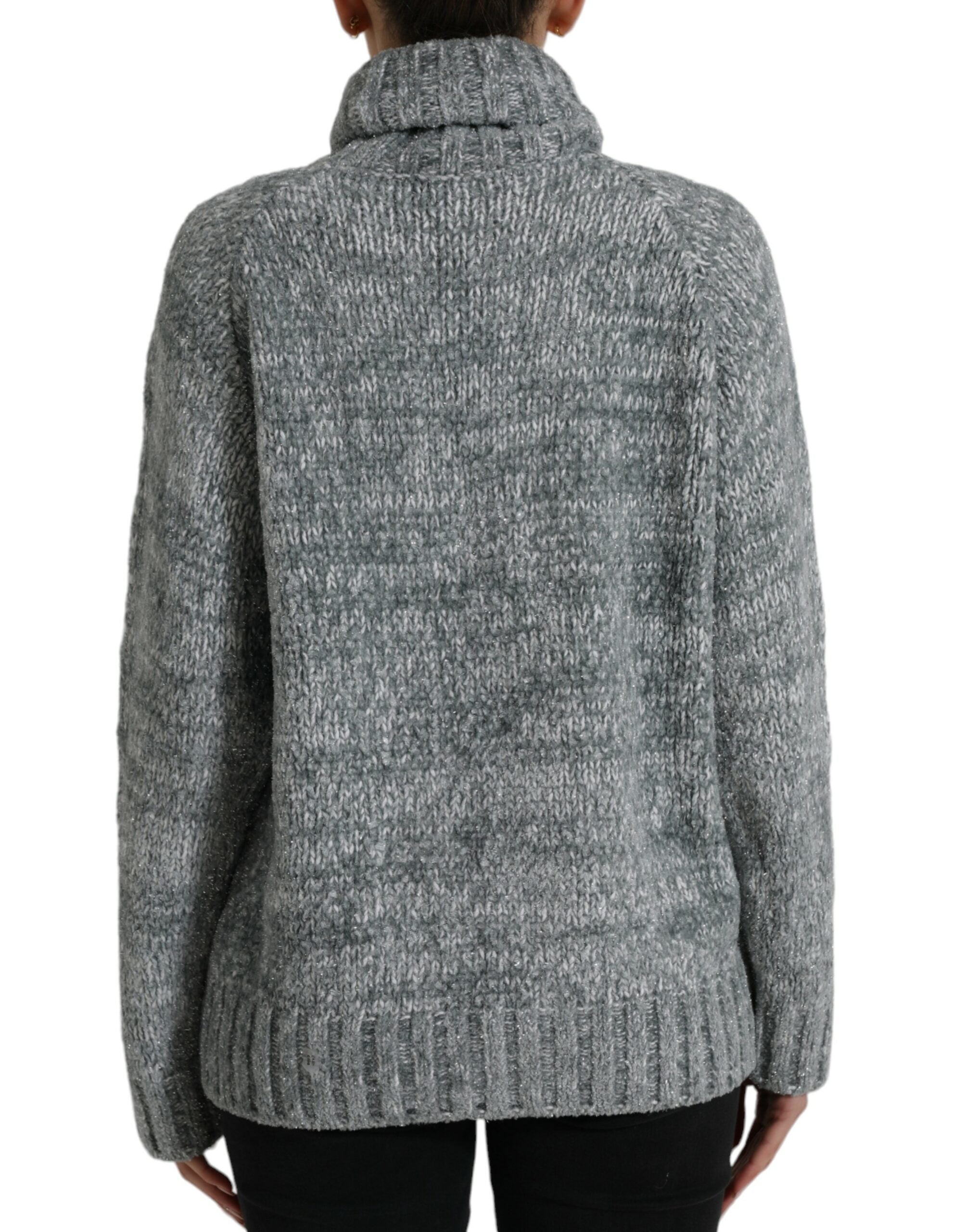 Gray Dolce & Gabbana cashmere turtle neck pullover sweater, close-up of soft knit fabric and classic turtleneck design.